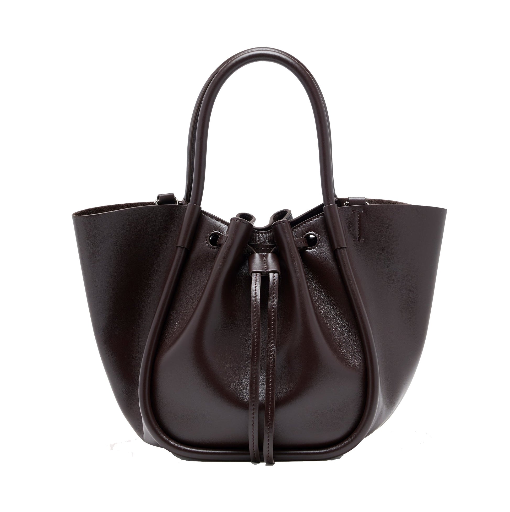 The Proenza Schouler Small Ruched Soft Shiny Tote, crafted in dark brown leather, features two handles and a ruched open top with drawstring closure, showcasing a sculptural silhouette, and is displayed on a plain white background.
