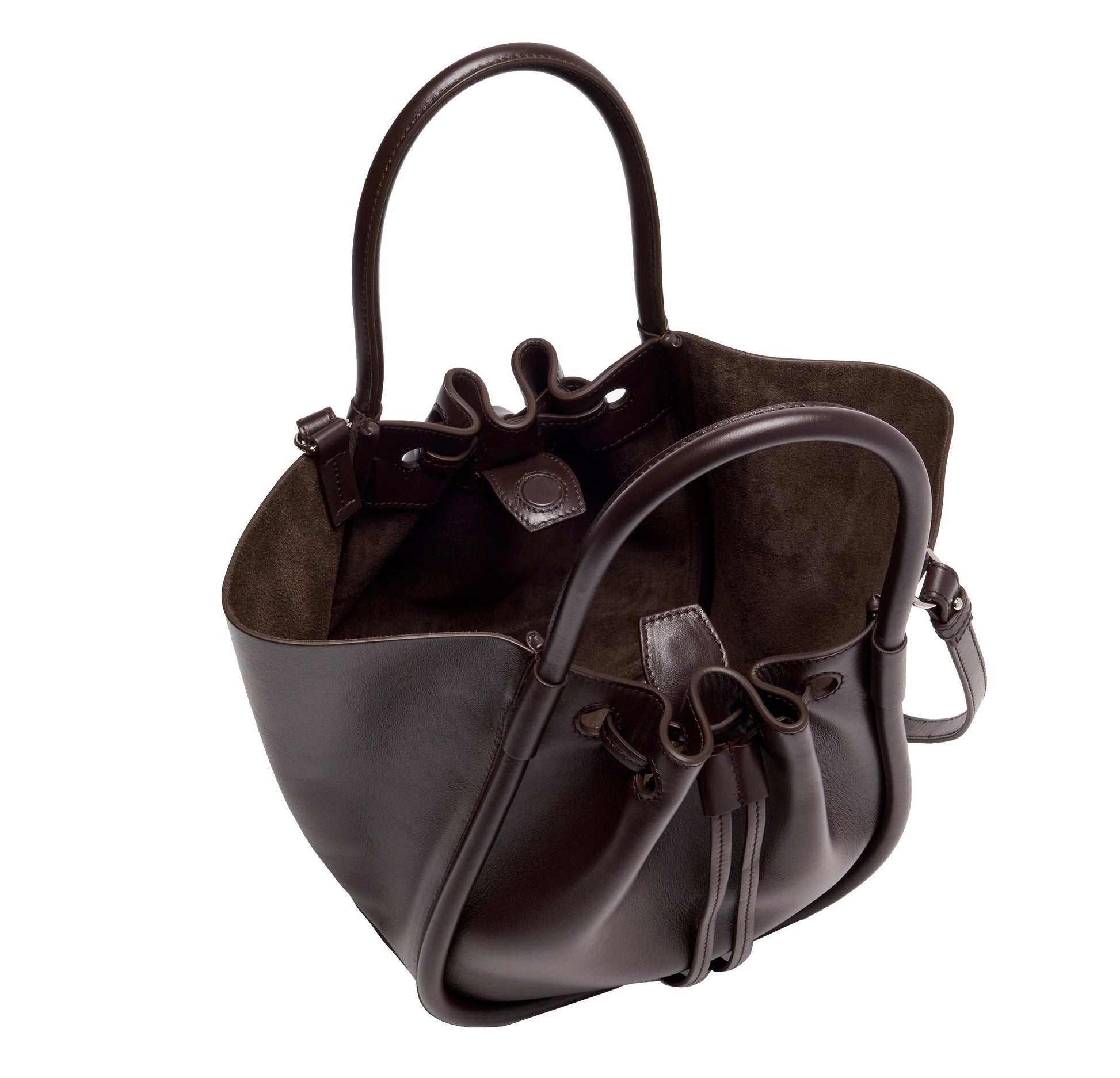 The Small Ruched Soft Shiny Tote by Proenza Schouler is a dark brown leather bucket bag with a sculptural silhouette and two handles. It features an open top with ruched detailing, a drawstring closure, and a suede interior—shown from above and slightly to the side.
