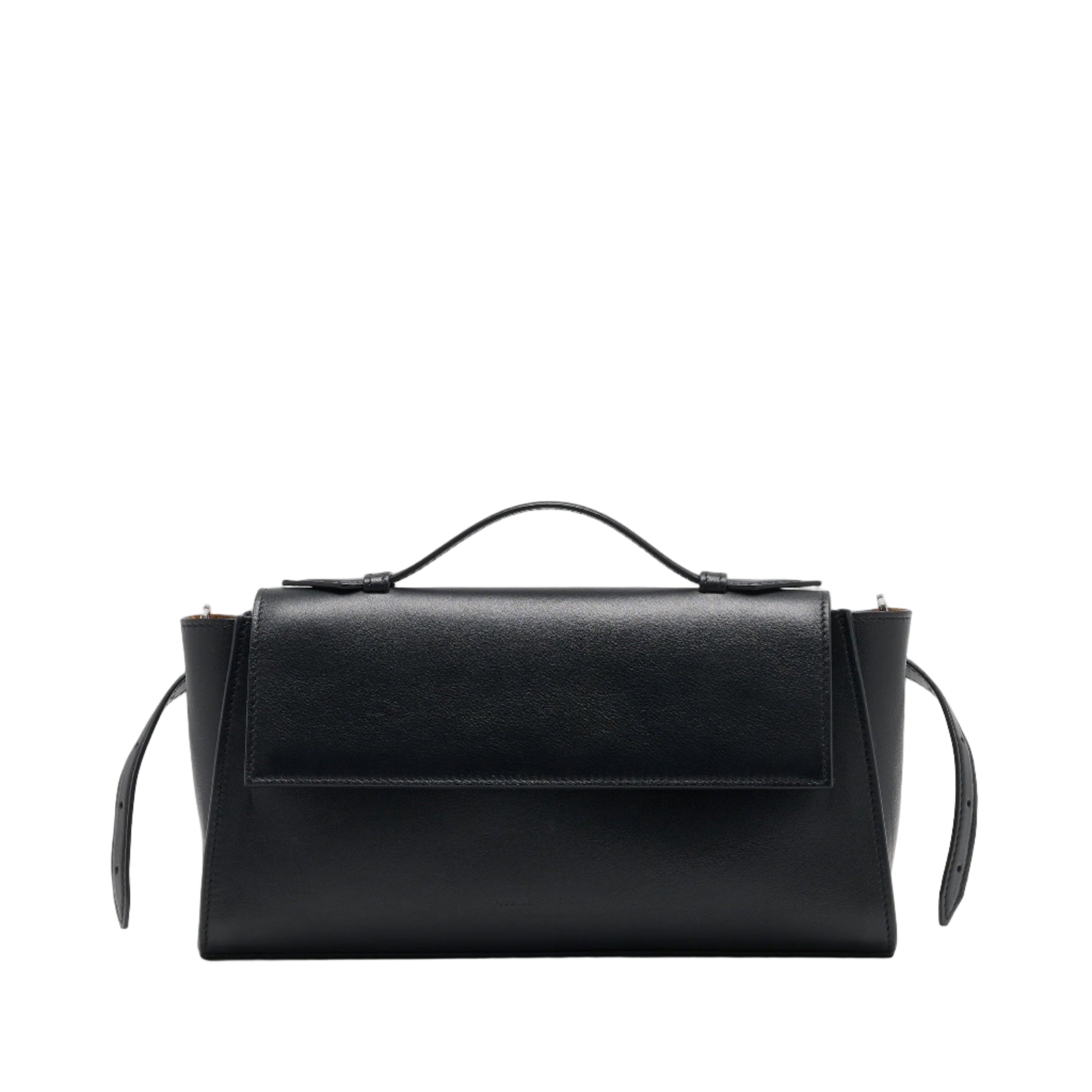 The Proenza Schouler Tate Clutch is a compact black leather bag with a top handle, front flap, side straps, and detachable crossbody strap, elegantly showcased against a white background.