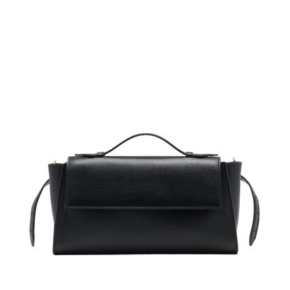 The Proenza Schouler Tate Clutch is a compact black leather bag with a top handle, front flap, side straps, and detachable crossbody strap, elegantly showcased against a white background.