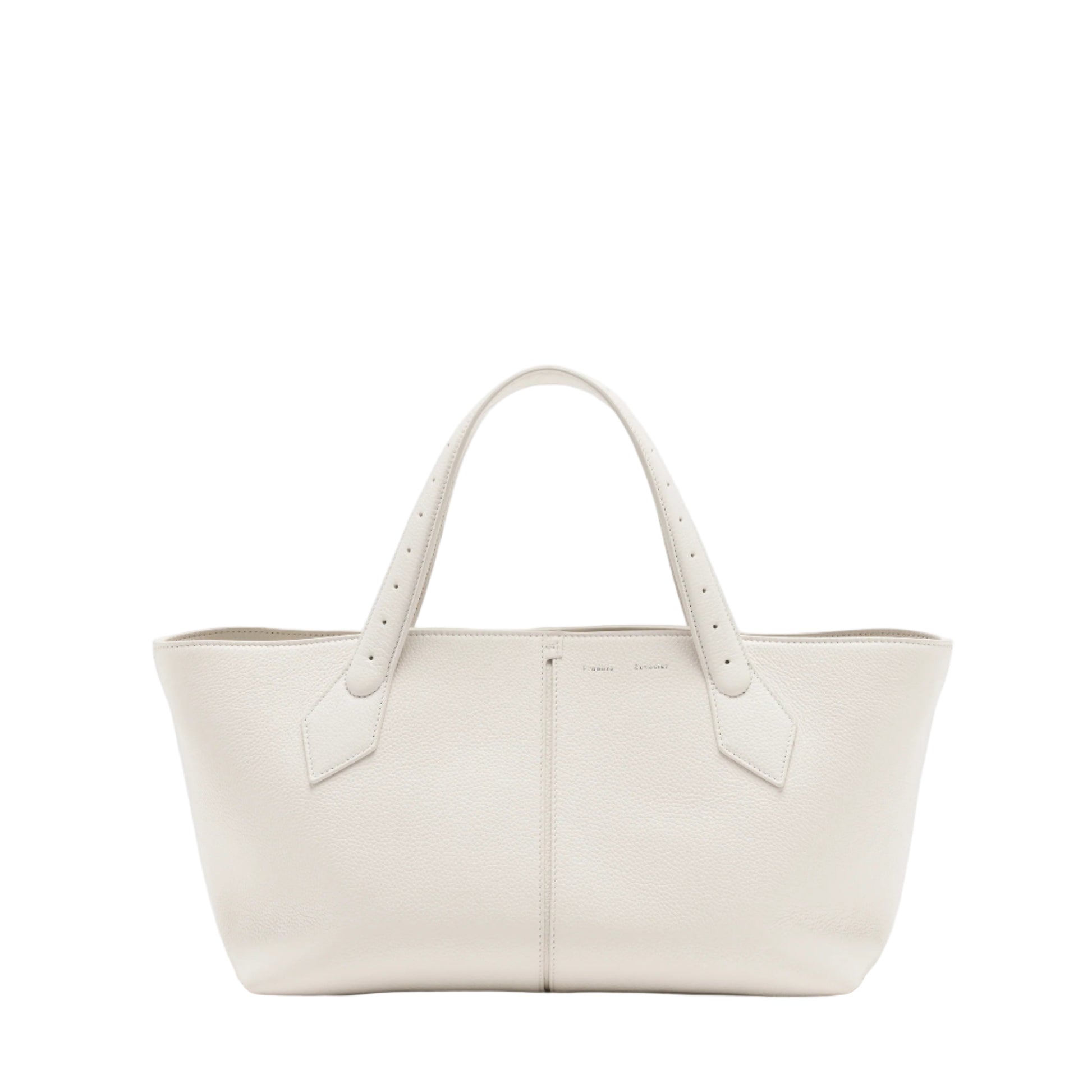 The Proenza Schouler East West Chelsea Tote is a spacious, white leather bag with two handles and a structured shape, featuring minimalist pebbled calfskin design, photographed on a plain white background.