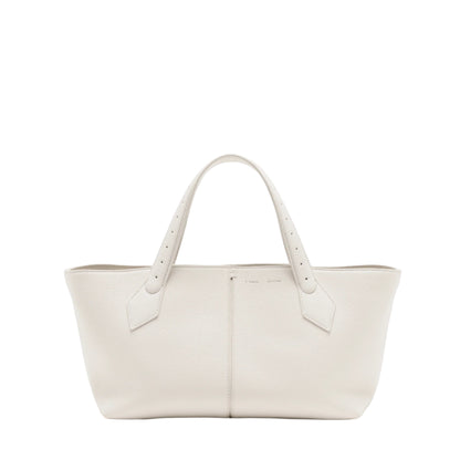 The Proenza Schouler East West Chelsea Tote is a spacious, white leather bag with two handles and a structured shape, featuring minimalist pebbled calfskin design, photographed on a plain white background.