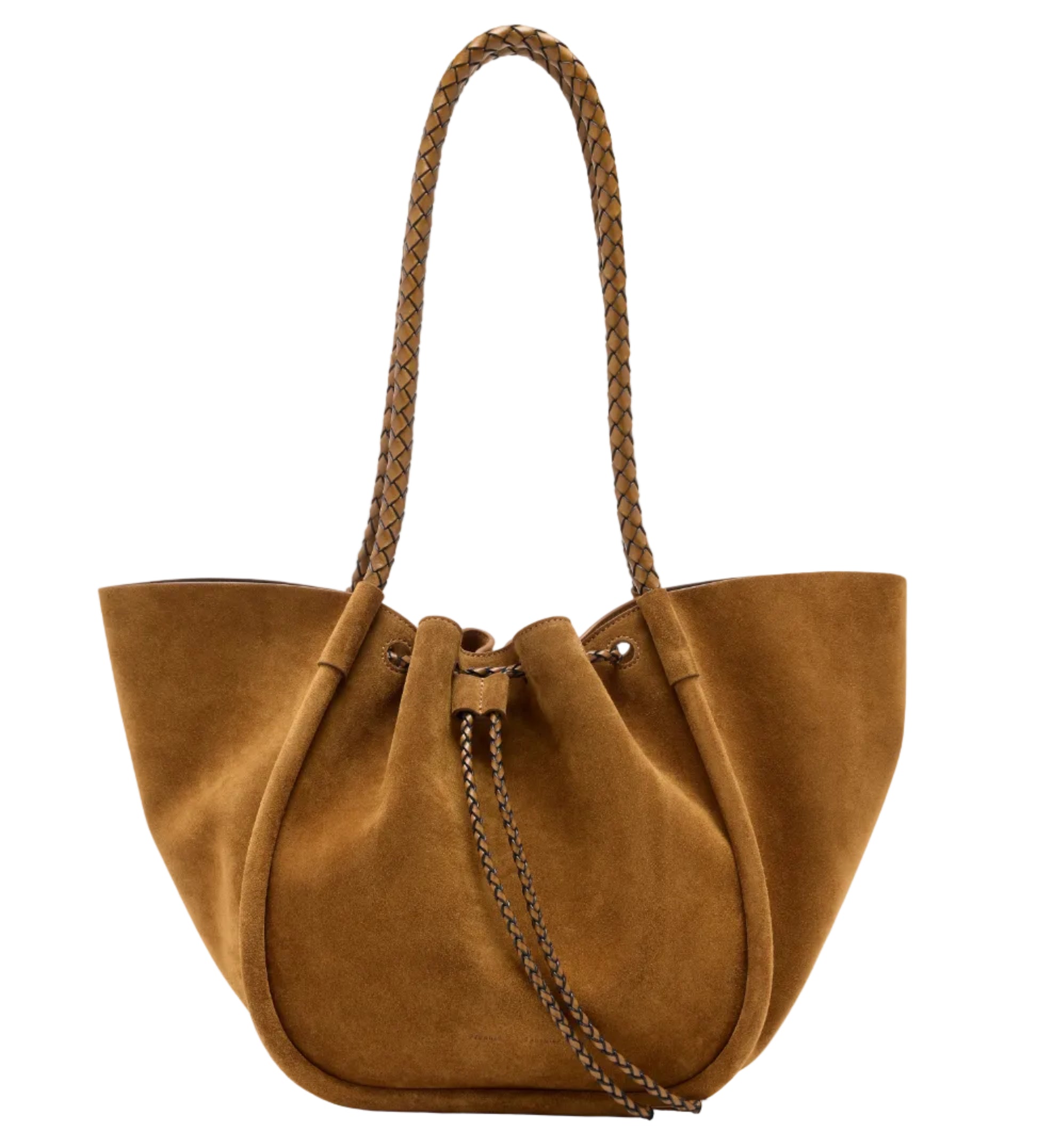 The Large Ruched Soft Suede Braided Tote by Proenza Schouler features brown suede with a slouchy bucket shape, a braided calf shoulder strap, and drawstring closure.