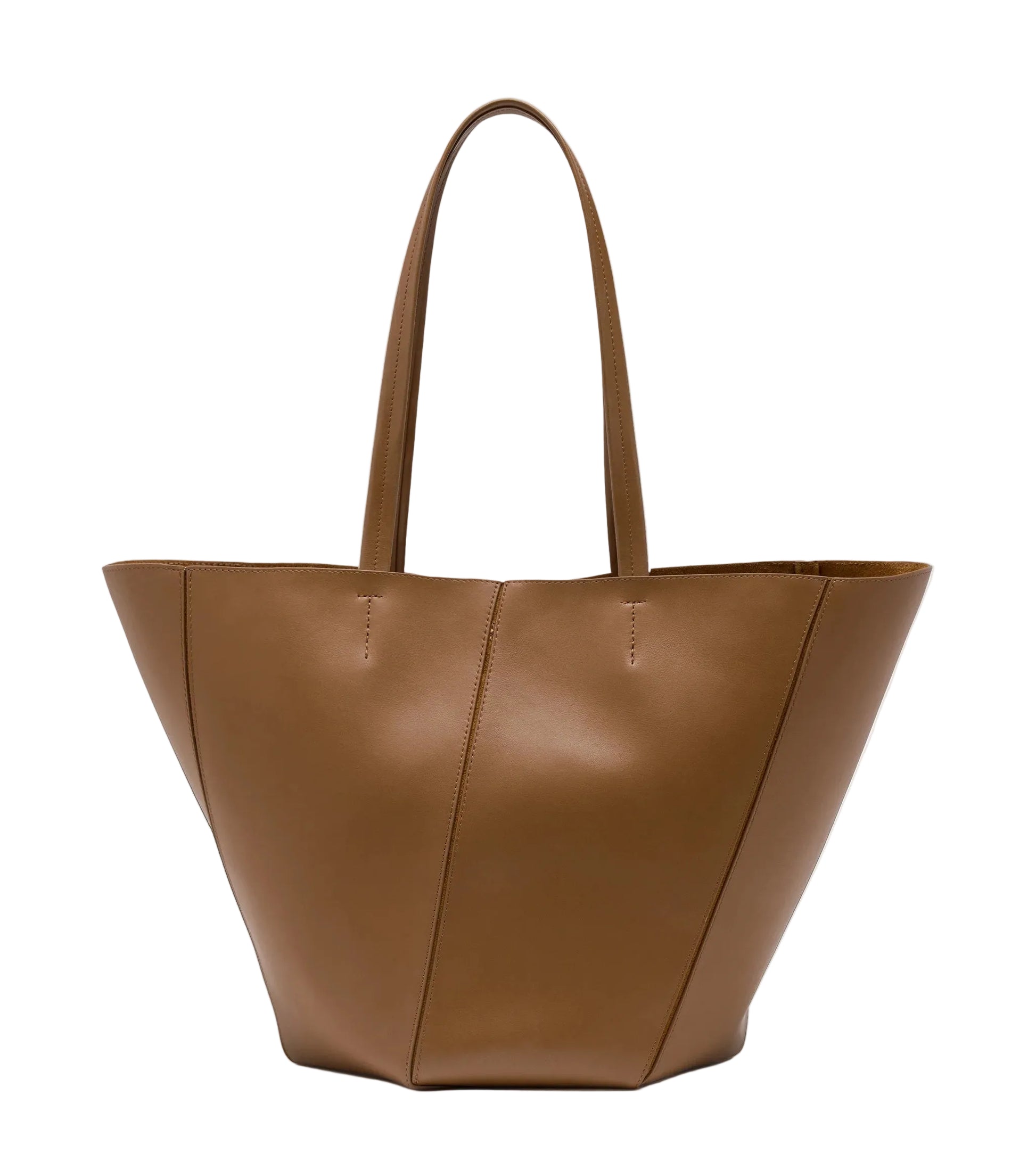 The Proenza Schouler Hex Tote is a large brown calf leather bag featuring two handles, subtle stitching, and a clean, minimalist design.