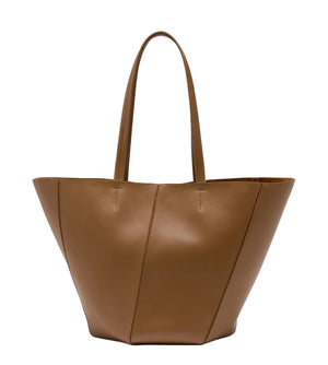 The Proenza Schouler Hex Tote is a large brown calf leather bag featuring two handles, subtle stitching, and a clean, minimalist design.