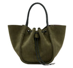 Proenza Schouler Small Ruched Suede Braided Tote in olive green suede with a drawstring closure and black braided handles.