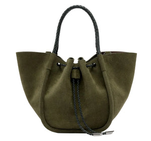 Proenza Schouler Small Ruched Suede Braided Tote in olive green suede with a drawstring closure and black braided handles.