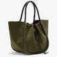 Small Ruched Suede Braided Tote in olive green suede with braided handles and a drawstring closure.