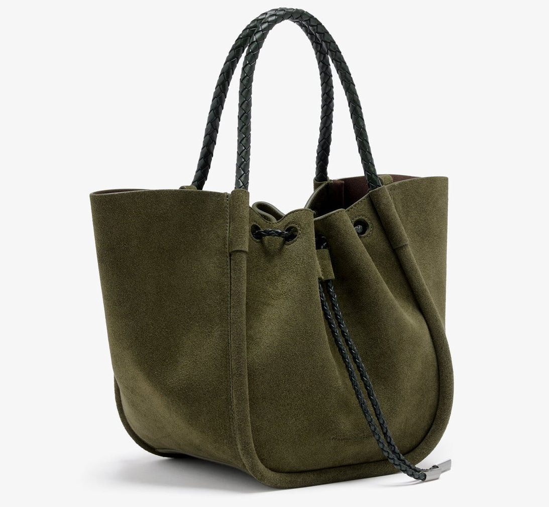 Small Ruched Suede Braided Tote in olive green suede with braided handles and a drawstring closure.