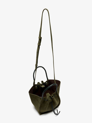 Proenza Schouler Small Ruched Suede Braided Tote in olive green suede with black braided handles and a matching adjustable shoulder strap.