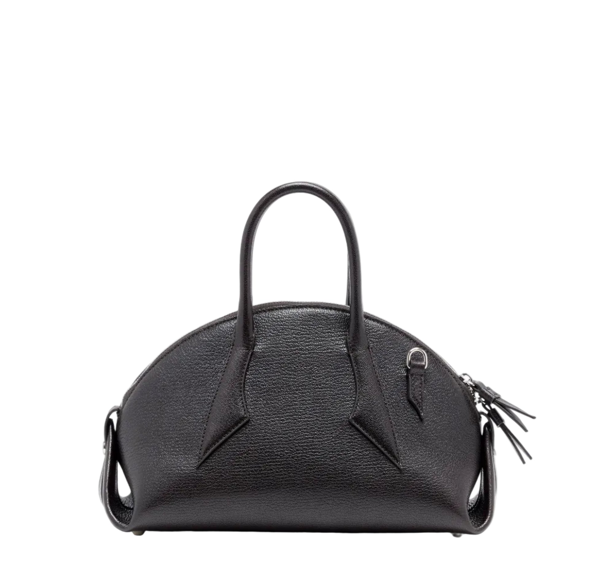 The Proenza Schouler Small Bowler Bag features black goatskin leather with a rounded top, two handles, and a textured finish. Silver hardware and a decorative tassel accent one handle, lending distinctive charm to this stylish accessory.