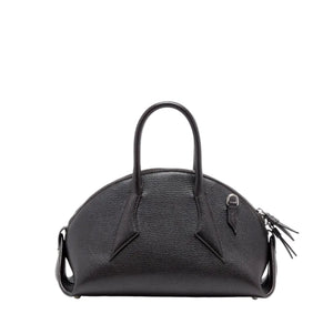 The Proenza Schouler Small Bowler Bag features black goatskin leather with a rounded top, two handles, and a textured finish. Silver hardware and a decorative tassel accent one handle, lending distinctive charm to this stylish accessory.