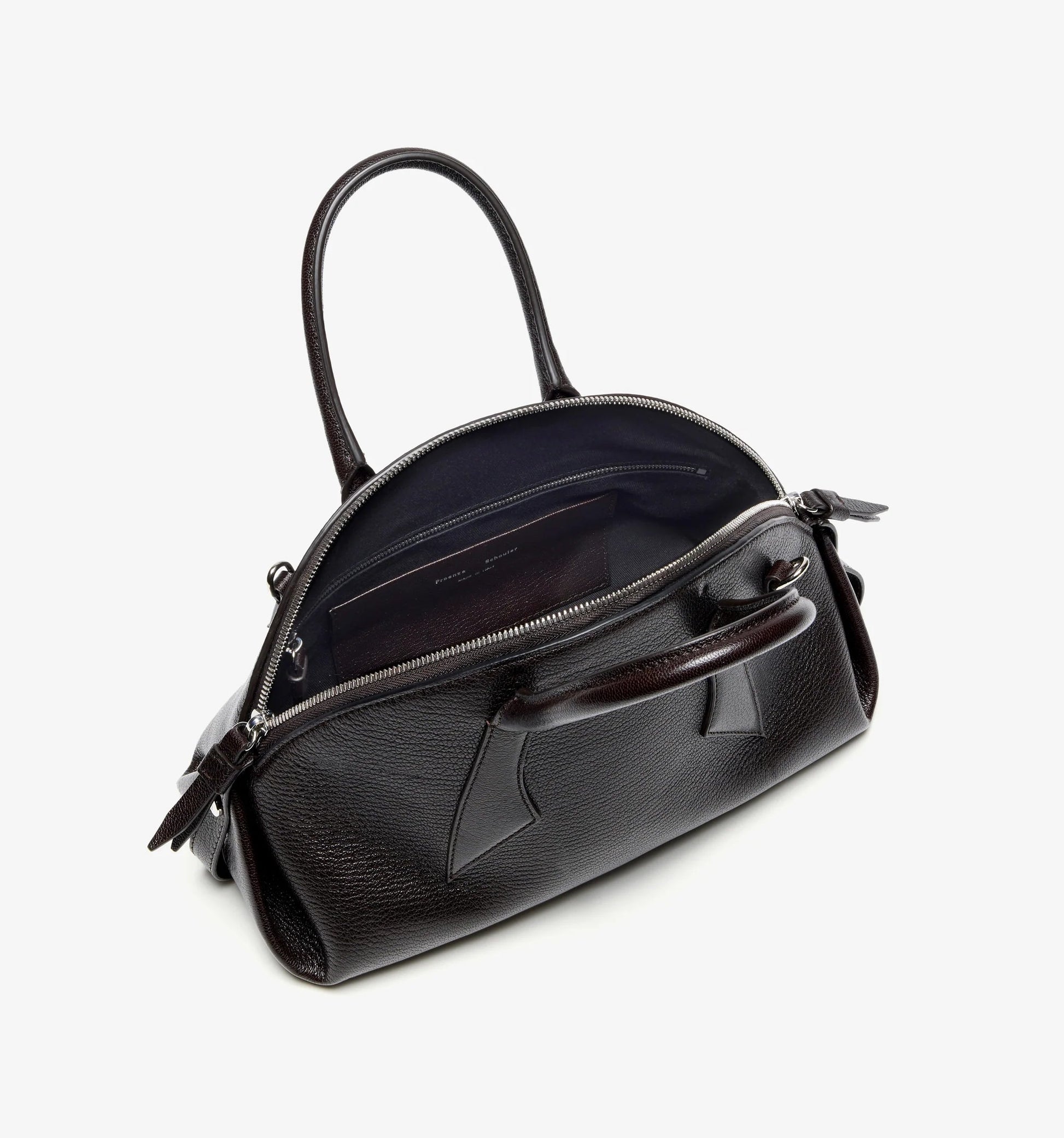 A black Small Bowler Bag by Proenza Schouler, crafted from leather with a partially open zipper, reveals an interior pocket and a wallet inside against a plain white background. This classic design highlights the timeless appeal and fine craftsmanship of Proenza Schouler.