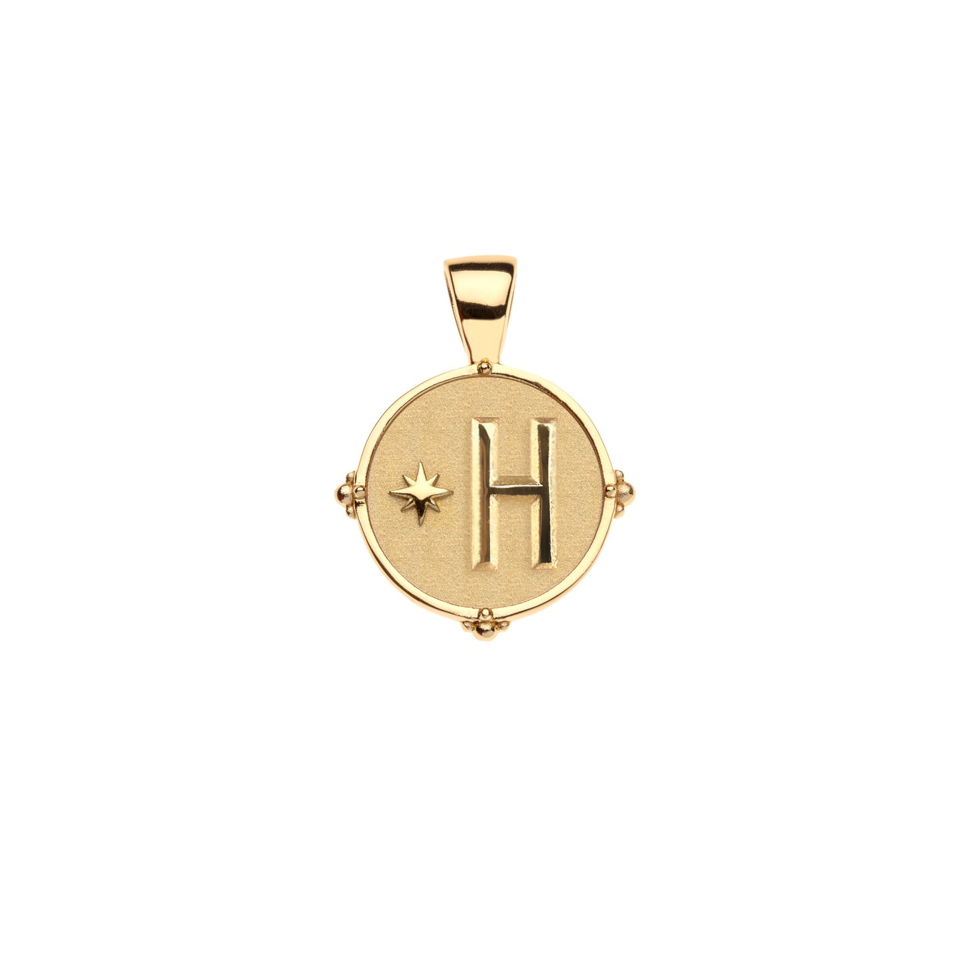 The Jane Win Letter Pendant Satellite Necklace Collection features a 14k gold round pendant engraved with an "H" and star on a smooth background, suspended from a delicate beaded satellite chain. A timeless, personalized piece.