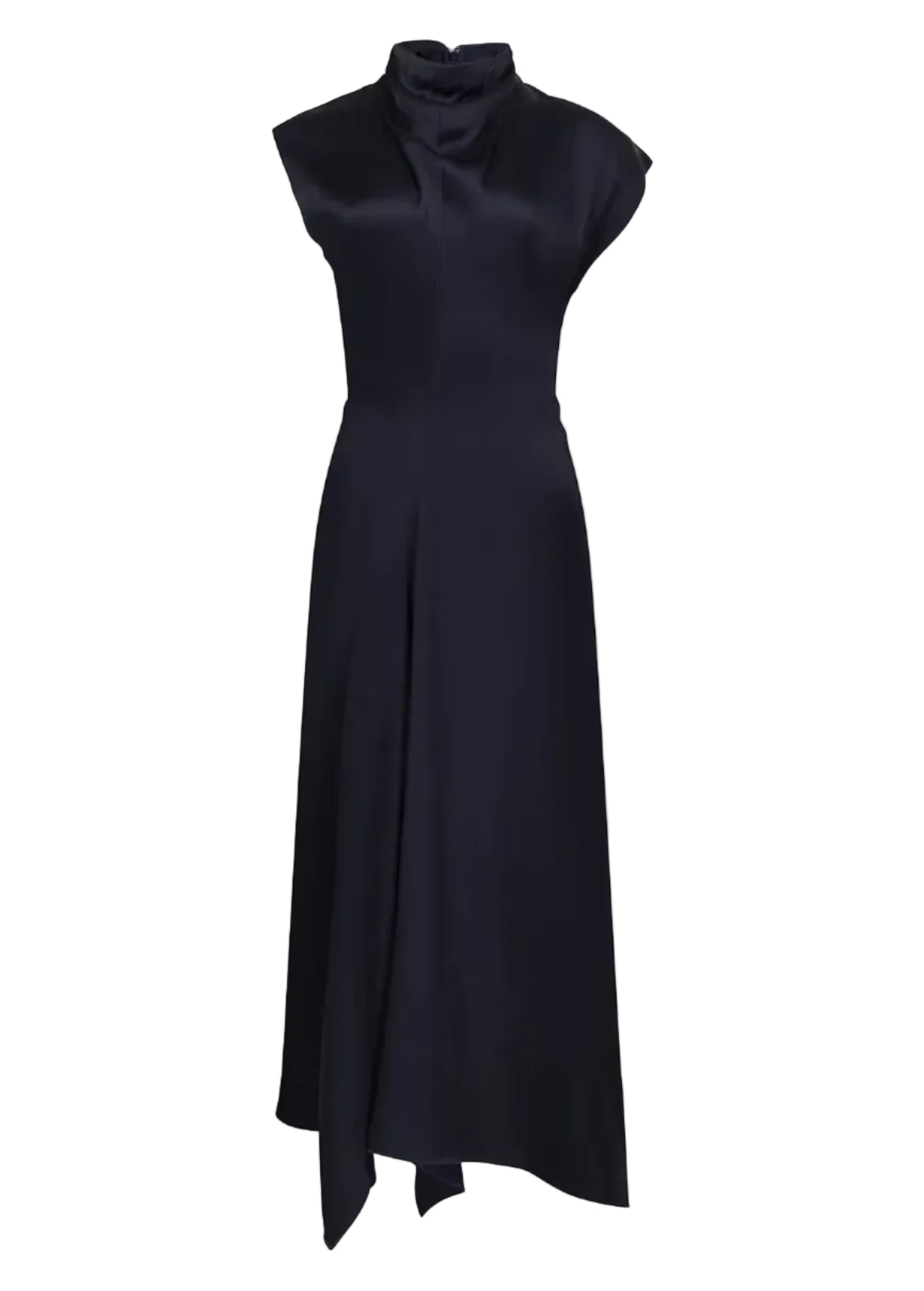 The High Neck Draped Midi Dress by Victoria Beckham is a sleeveless black midi with an asymmetrical hem and draped silhouette, shown on a white background.