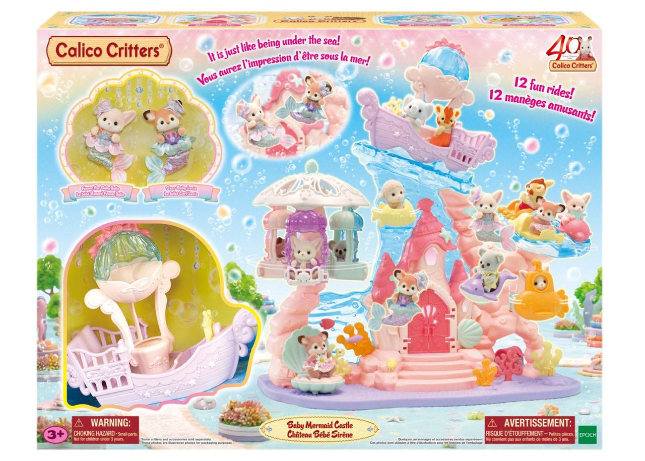 The Calico Critters Baby Mermaid Castle playset features adorable baby animal figures with accessories, a pink mermaid-themed castle, playful swings, and comes in vibrant underwater-themed packaging inspired by a sea amusement park, displaying detailed product information.