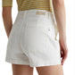 Rear view of a person wearing AG Jeans Analeigh Shorts with workwear-inspired back pockets. The person is also wearing a yellow and white striped top.