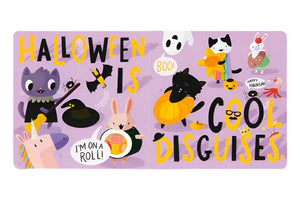 The "Halloween Is a Treat!" board book by Abrams is filled with humor and features vibrant illustrations of animals in playful costumes. The cheerful text on a purple background with whimsical decorations exclaims, "Halloween is cool disguises!