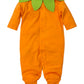 The Kissy Kissy Halloween Footie is an orange baby onesie featuring a green leaf collar detail, long sleeves, and footed feet. Made from soft Pima Cotton by Kissy Kissy, it ensures maximum comfort for your little one. Snap buttons run down the front for easy dressing.