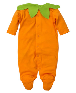 The Kissy Kissy Halloween Footie is an orange baby onesie featuring a green leaf collar detail, long sleeves, and footed feet. Made from soft Pima Cotton by Kissy Kissy, it ensures maximum comfort for your little one. Snap buttons run down the front for easy dressing.