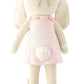 Hannah the Bunny - Little 13" by Cuddle + Kind is a knitted plush toy with long floppy ears, a pale pink dress, green headband, and white tail—photographed from the back. This adorable bunny makes an inspirational birthday gift.