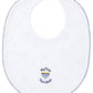 The Kissy Kissy My First Hanukkah Reversible Bib by Kissy Kissy is an adorable white Pima cotton bib with blue trim and a snap-closure, showcasing "My First Hanukkah" embroidered next to a delightful menorah design.