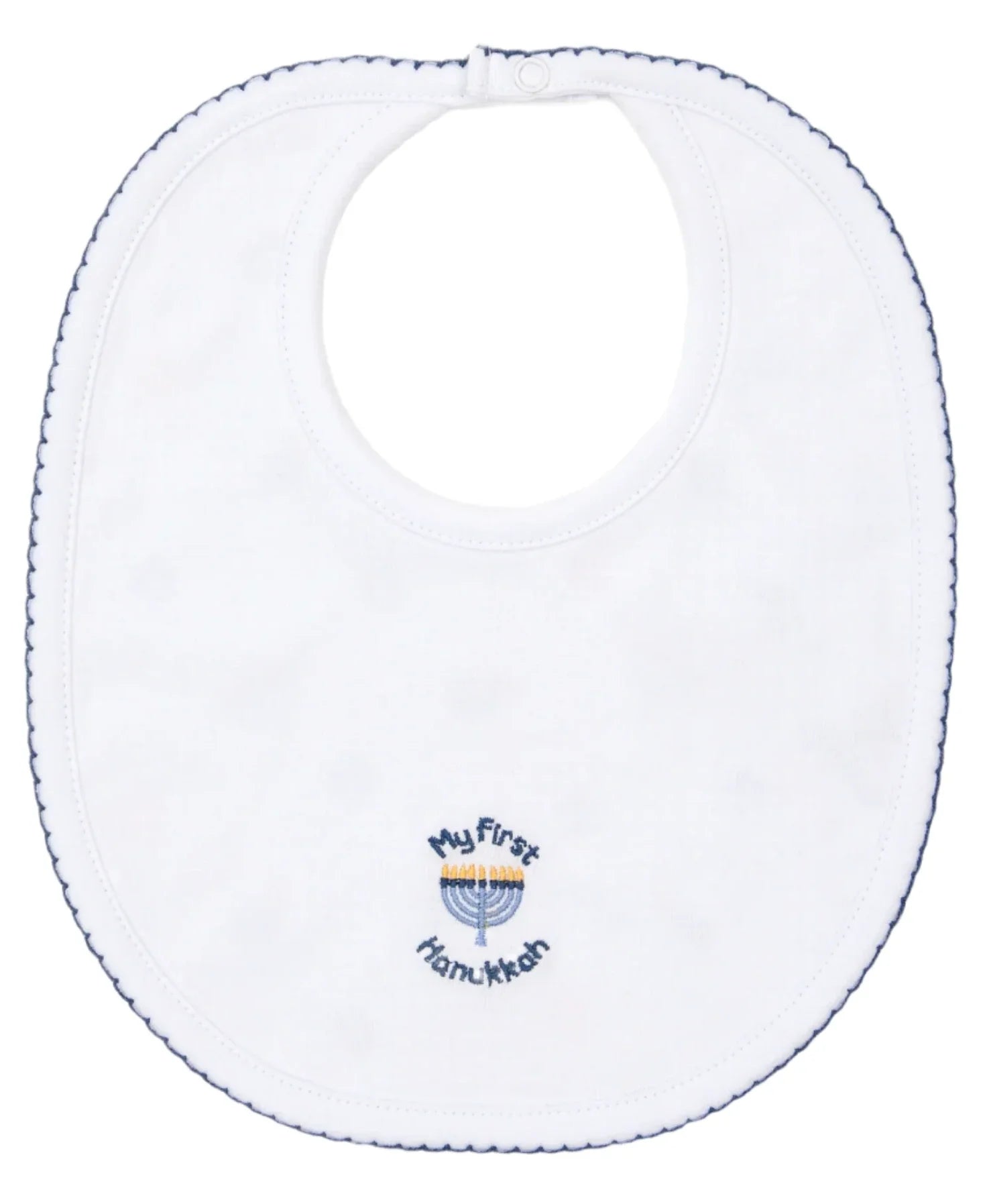 The Kissy Kissy My First Hanukkah Reversible Bib by Kissy Kissy is an adorable white Pima cotton bib with blue trim and a snap-closure, showcasing "My First Hanukkah" embroidered next to a delightful menorah design.