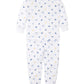 The Kissy Kissy My First Hanukkah Pajama Set by Kissy Kissy is a white Pima cotton infant pajama set with a long-sleeve top and pants, featuring a charming blue and yellow Hanukkah-themed print that includes dreidels, menorahs, stars, and coins.