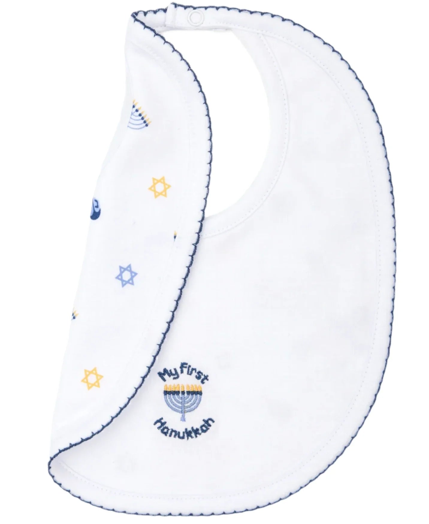 The Kissy Kissy My First Hanukkah Reversible Bib, crafted by Kissy Kissy, features a charming snap closure and is made from soft Pima cotton. It showcases Hanukkah symbols such as menorahs and Stars of David, with the phrase "My First Hanukkah" beautifully written on it, making it an ideal choice for your baby's first celebration.