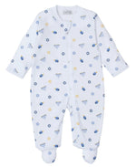 The Kissy Kissy My First Hanukkah Zip Footie by Kissy Kissy is a white baby onesie crafted from soft Pima cotton, perfect for celebrating Baby's First Hanukkah. It features a festive Hanukkah-themed pattern adorned with menorahs, dreidels, and Stars of David in blue and yellow.