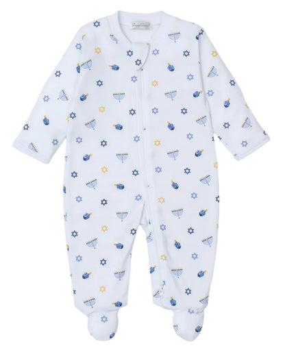 The Kissy Kissy My First Hanukkah Zip Footie by Kissy Kissy is a white baby onesie crafted from soft Pima cotton, perfect for celebrating Baby's First Hanukkah. It features a festive Hanukkah-themed pattern adorned with menorahs, dreidels, and Stars of David in blue and yellow.