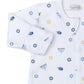 The Kissy Kissy My First Hanukkah Zip Footie by Kissy Kissy is a white baby onesie crafted from luxurious Pima cotton, adorned with blue and yellow Hanukkah-themed icons such as Stars of David, menorahs, and dreidels. It features a convenient zipper closure, making it the perfect outfit for celebrating Baby's First Hanukkah!