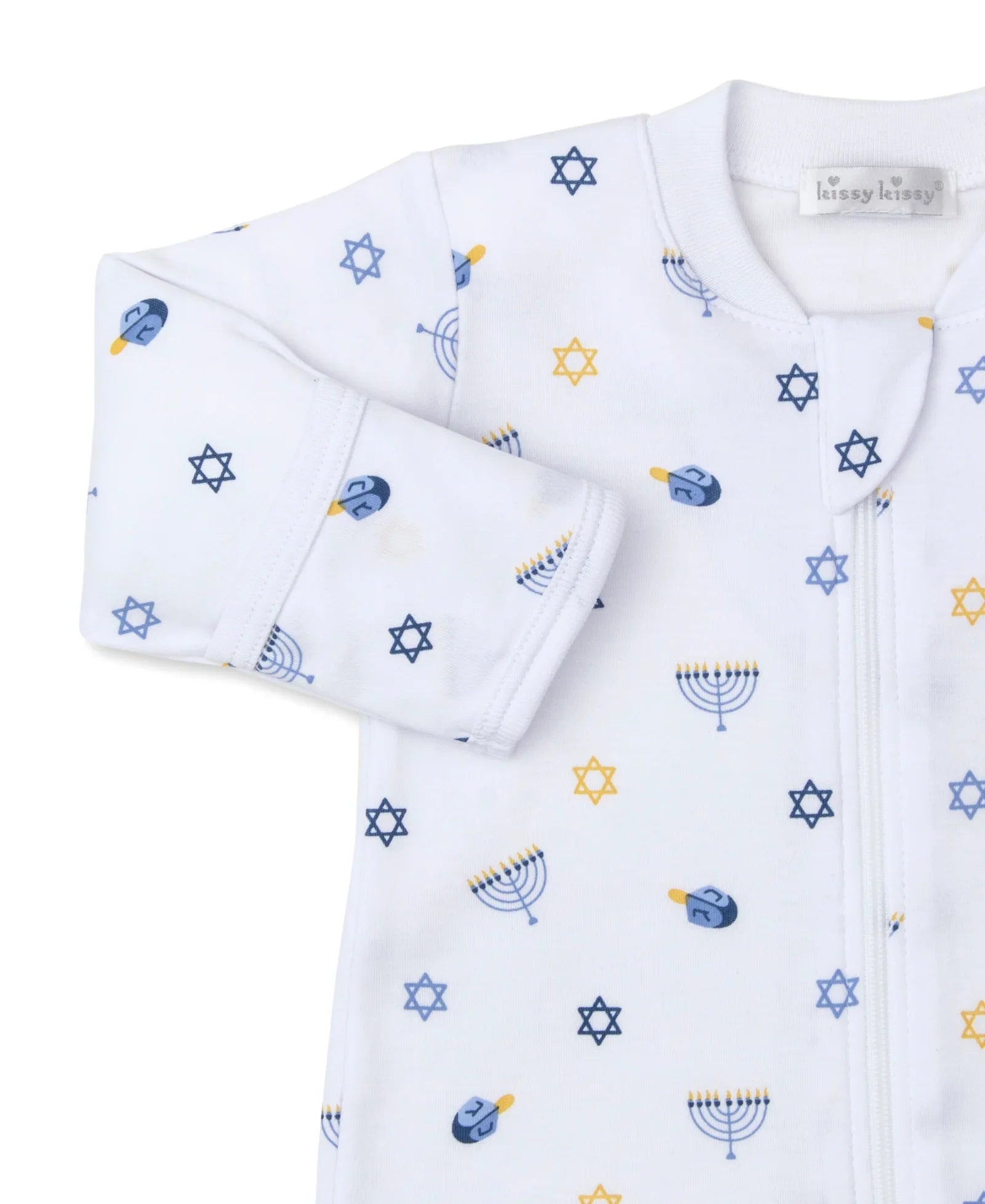 The Kissy Kissy My First Hanukkah Zip Footie by Kissy Kissy is a white baby onesie crafted from luxurious Pima cotton, adorned with blue and yellow Hanukkah-themed icons such as Stars of David, menorahs, and dreidels. It features a convenient zipper closure, making it the perfect outfit for celebrating Baby's First Hanukkah!