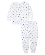 Introducing the Kissy Kissy My First Hanukkah Pajama Set, a charming set of toddler pajamas by Kissy Kissy in white Pima cotton with long sleeves and pants. It features delicate blue and yellow star patterns alongside floral designs, making it perfect for Hanukkah celebrations.