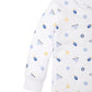 The Kissy Kissy My First Hanukkah Pajama Set by Kissy Kissy is a white long-sleeve Pima cotton shirt adorned with blue and yellow Hanukkah-themed prints, including dreidels, menorahs, and Stars of David. Perfect for festive toddler pajamas.