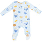 The Angel Dear Hanukkah 2-Zip Footie by Angel Dear is a light blue baby onesie crafted from soft bamboo fiber fabric. It showcases long sleeves with a Hanukkah-themed design featuring menorahs, dreidels, and coins, and includes practical fold-over cuffs for enhanced comfort.