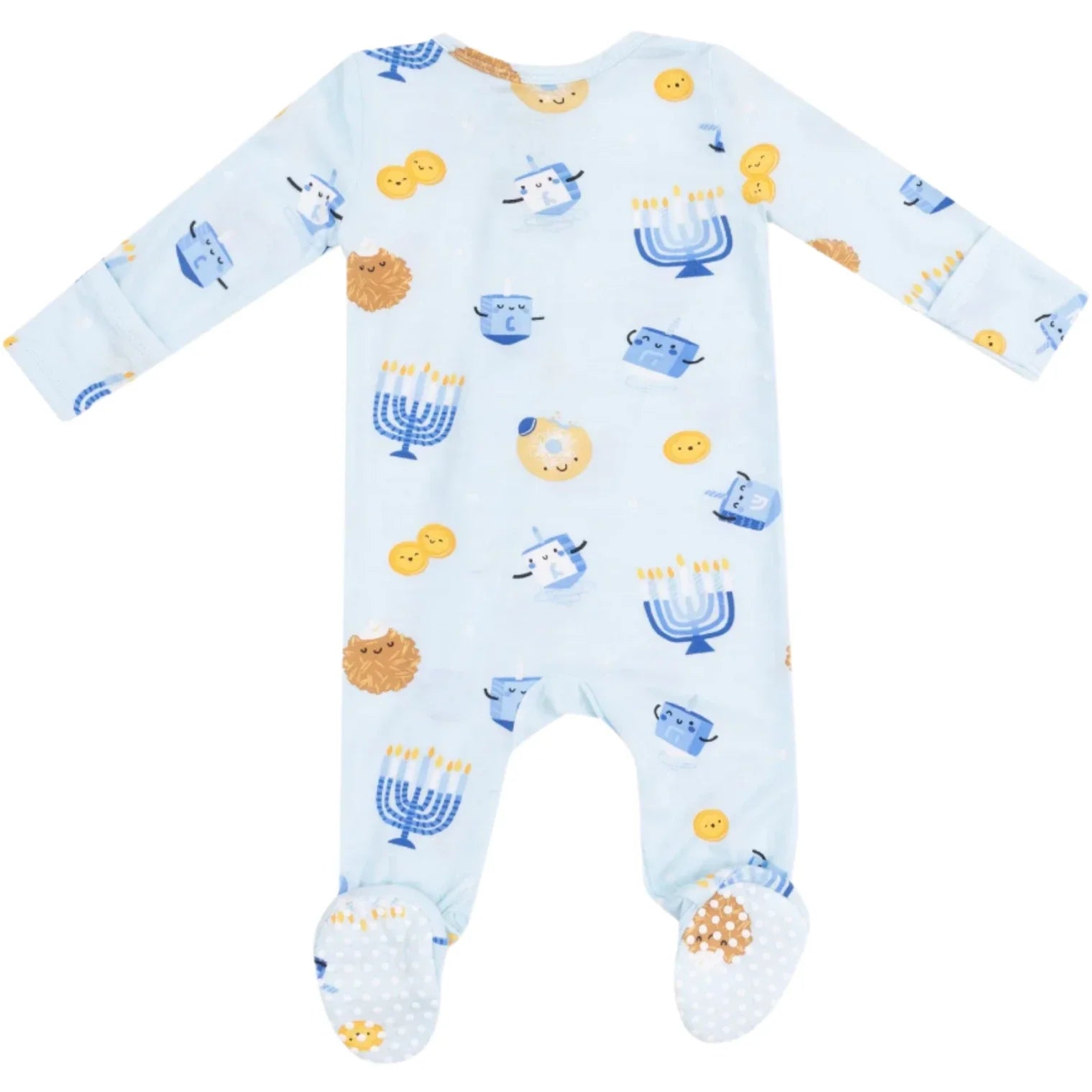 The Angel Dear Hanukkah 2-Zip Footie by Angel Dear is a light blue baby onesie crafted from soft bamboo fiber fabric. It showcases long sleeves with a Hanukkah-themed design featuring menorahs, dreidels, and coins, and includes practical fold-over cuffs for enhanced comfort.