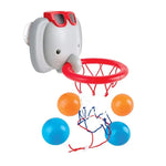 The Hape Bath Basketball Elephant Pal is a cheerful elephant-shaped basketball hoop with red sunglasses and a net, shown on a white background with two orange and two blue balls beneath it—perfect for bath time basketball fun or as an engaging bath toy.
