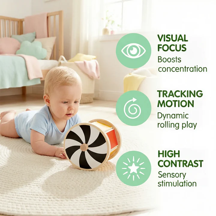 A baby lies on a rug, playing with the Hape Spinning Drum w/ Mirror—a black and white developmental toy designed to support visual focus, motion tracking, and sensory development through its high-contrast features. This engaging play encourages movement and helps your baby reach important early milestones.