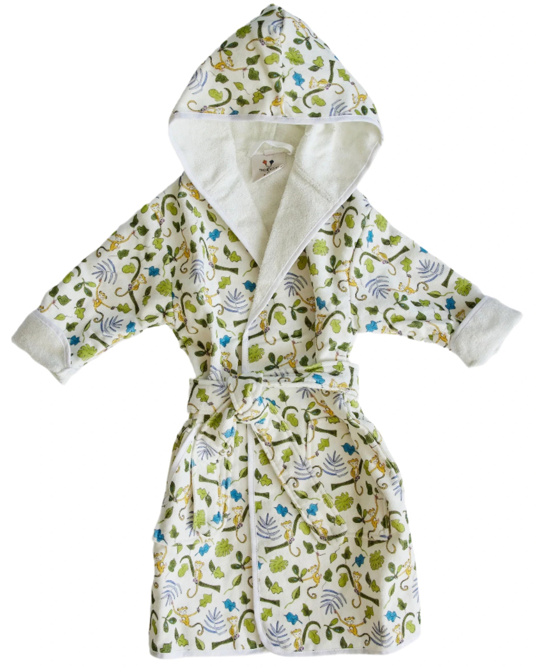 The Timo & Violet Kids' Bathrobe is a velour cotton terry robe with a tie belt, white background, and a colorful leaf, caterpillar, and insect pattern.