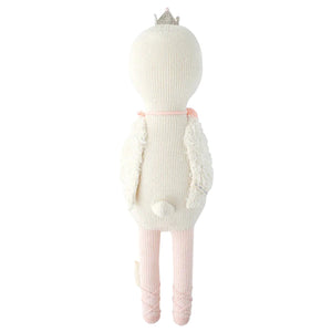 Harlow the Swan - Little 13" from Cuddle + Kind is a stuffed knit doll with a crown, white wings, pink legs, and a small tail—seen from the back, ready to take flight on brave wings.
