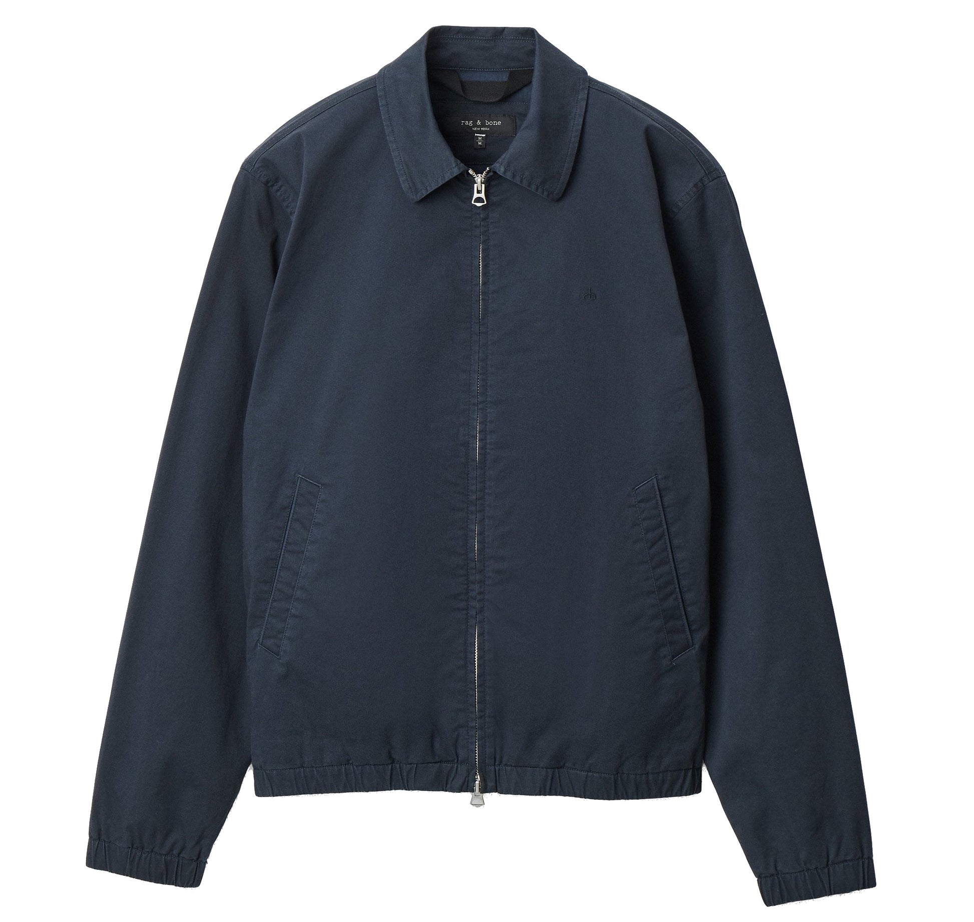 The Rag & Bone Harrington Cotton Jacket in navy blue features a collar, two side pockets, and elastic cuffs and hem—an elevated update to classic British sportswear, shown laid flat on a white background.