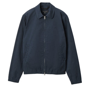 The Rag & Bone Harrington Cotton Jacket in navy blue features a collar, two side pockets, and elastic cuffs and hem—an elevated update to classic British sportswear, shown laid flat on a white background.