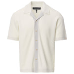 The Harvey Camp Shirt by Rag & Bone is a white short-sleeve knit shirt with textured button-up design, featuring a light gray vertical stripe along the placket and an open collar for retro flair.