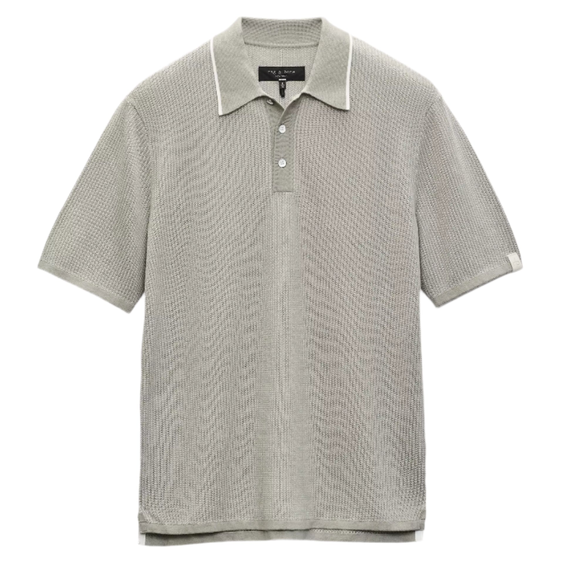 The Harvey Knit Polo Shirt by Rag & Bone is a light gray, short-sleeve polo crafted from a lightweight cotton blend with textured fabric, a three-button placket, and a white label on the left sleeve—ideal for year-round wear.