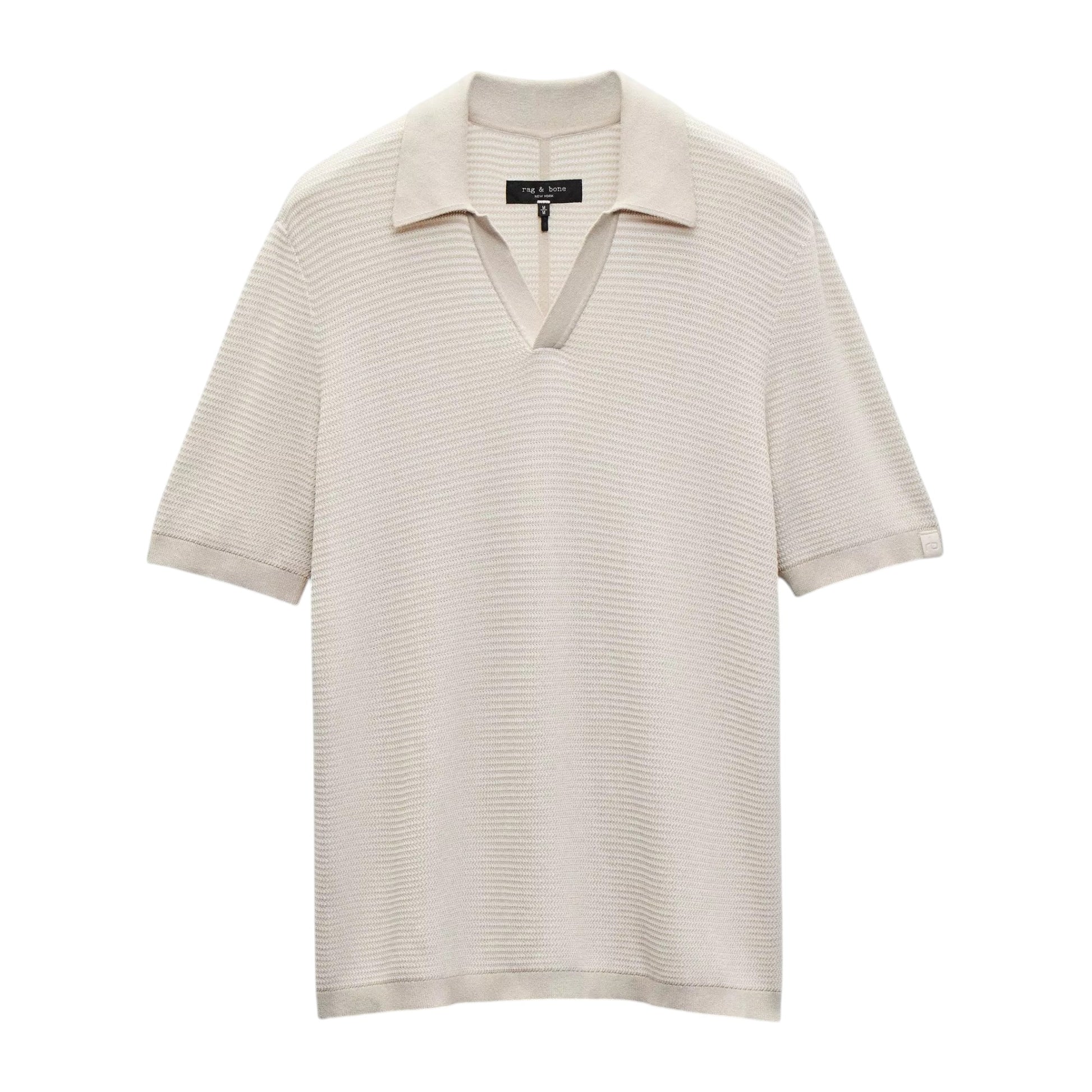 The Harvey Chevron Johnny Polo by Rag & Bone is a beige, short-sleeve knit shirt with a soft cotton blend, chevron textured pattern, and an open V-neck collar.