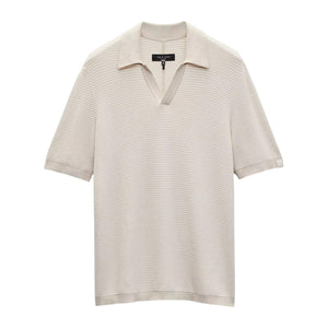 The Harvey Chevron Johnny Polo by Rag & Bone is a beige, short-sleeve knit shirt with a soft cotton blend, chevron textured pattern, and an open V-neck collar.