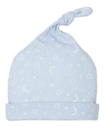 A Kissy Kissy Crescent Moonlight Knotted Hat, made from 100% Pima cotton, in light blue with a delightful print of moons and stars and featuring a knotted top.