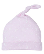 The Kissy Kissy Crescent Moonlight Knotted Hat features a delightful crescent moonlight print in pink, complete with a knotted top, and is made from 100% Pima cotton, providing style and comfort for your little one.