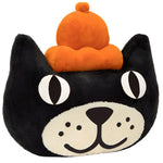 A Jellycat Jack Head, Giant features a head with wide eyes and a white snout beneath an ebony-black cat face, adorned with an orange jelly crown.